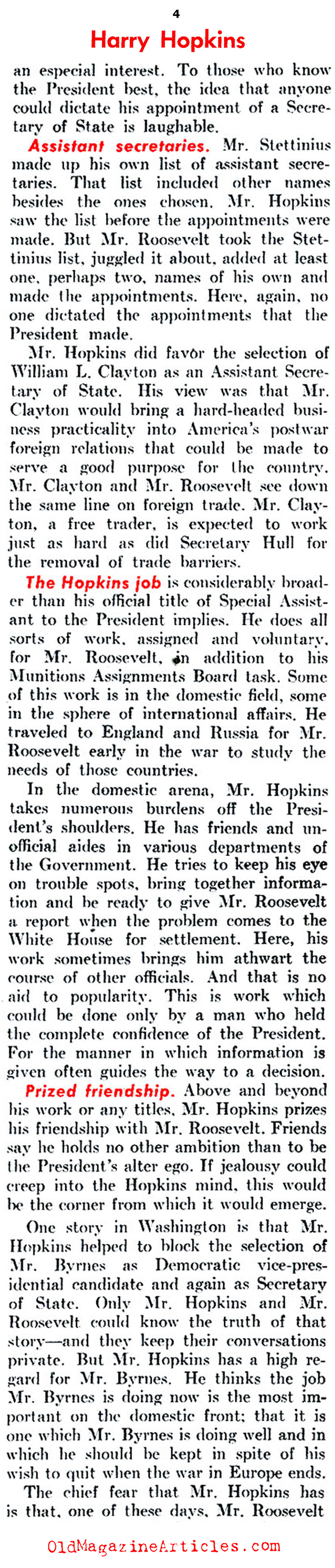 Harry Hopkins - FDR's Right Hand (United States News, 1944)