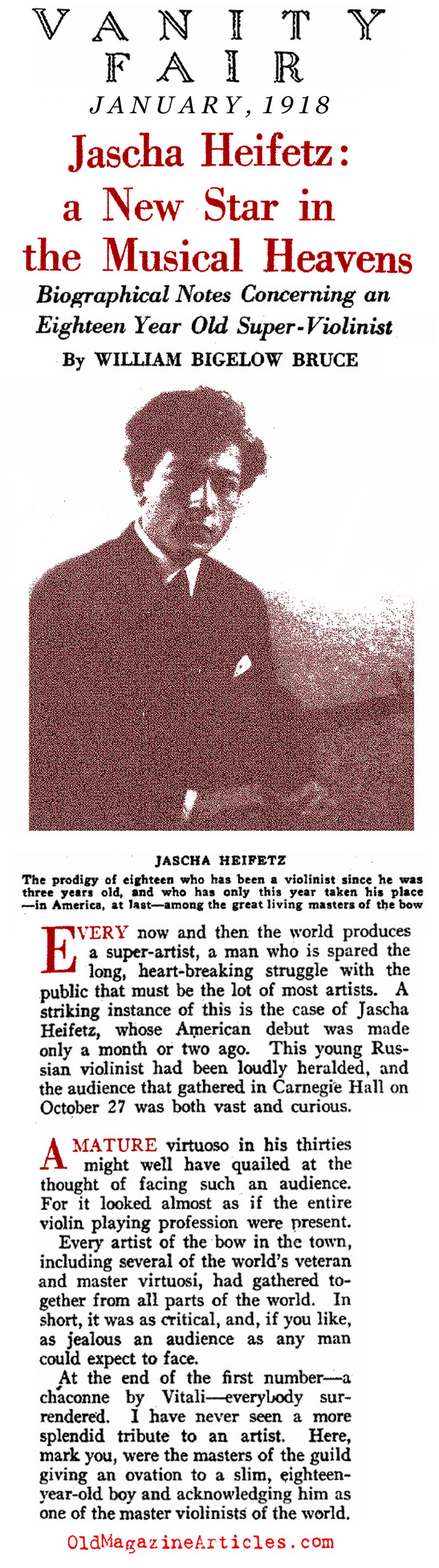 Jascha Heifetz' First New York Recital  (Vanity Fair, 1918)