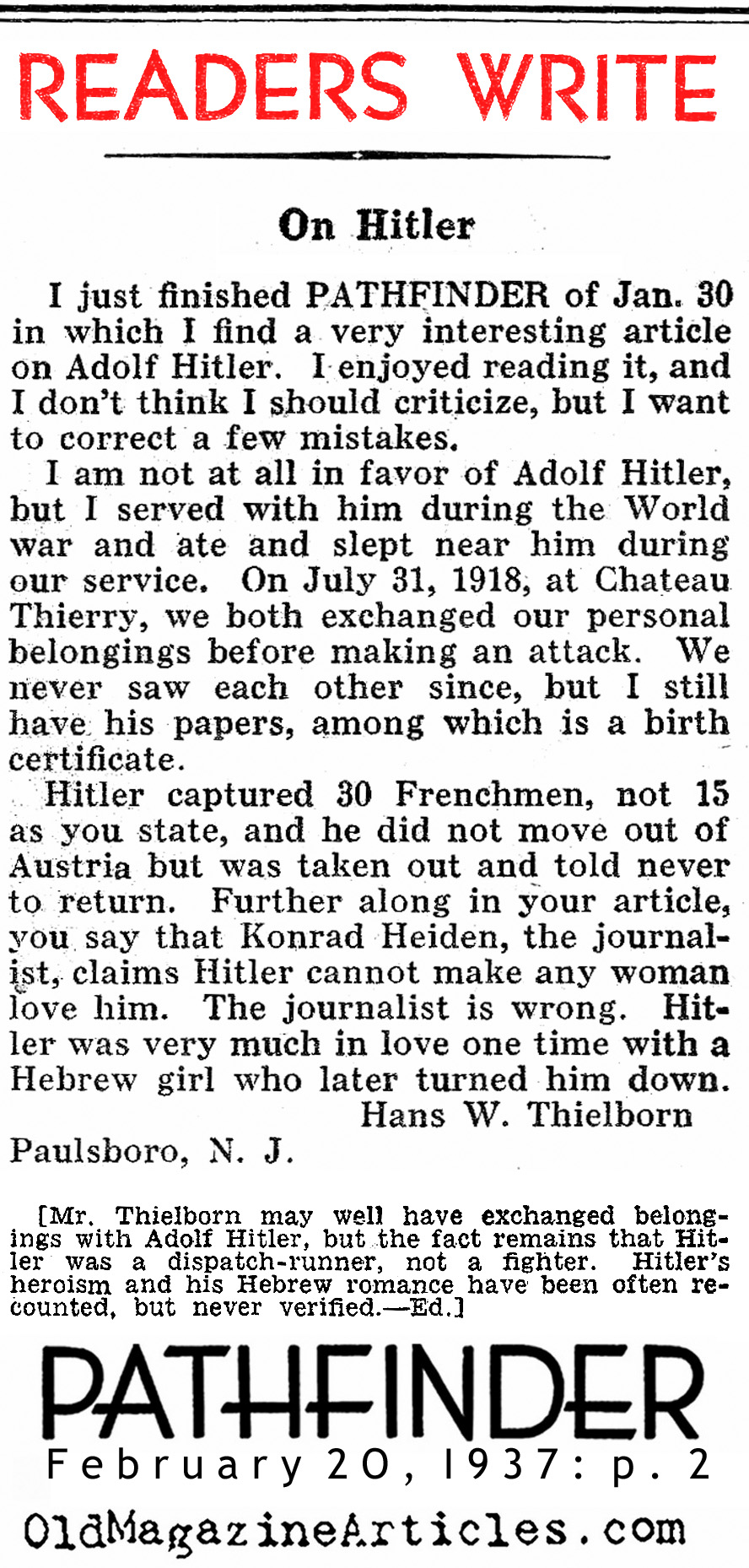 Hitler Was At Chateau Thierry? (Pathfinder Magazine, 1937)