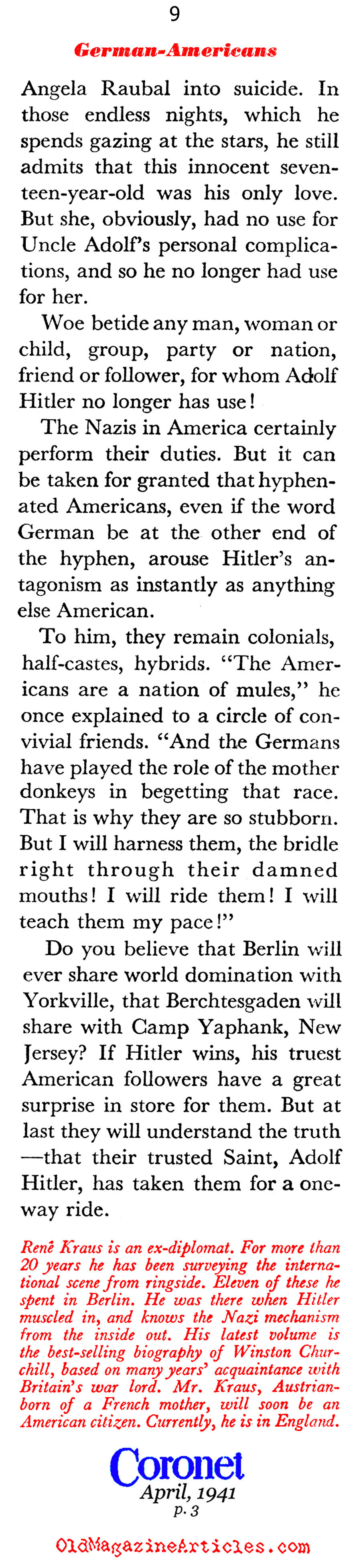 Adolf Hitler and the German-Americans (Coronet Magazine, 1941)