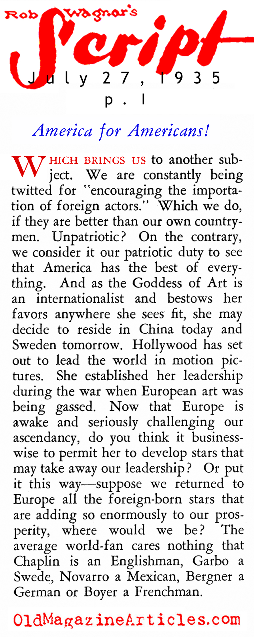 Immigration Hollywood-Style (Rob Wagner's Script, 1935)