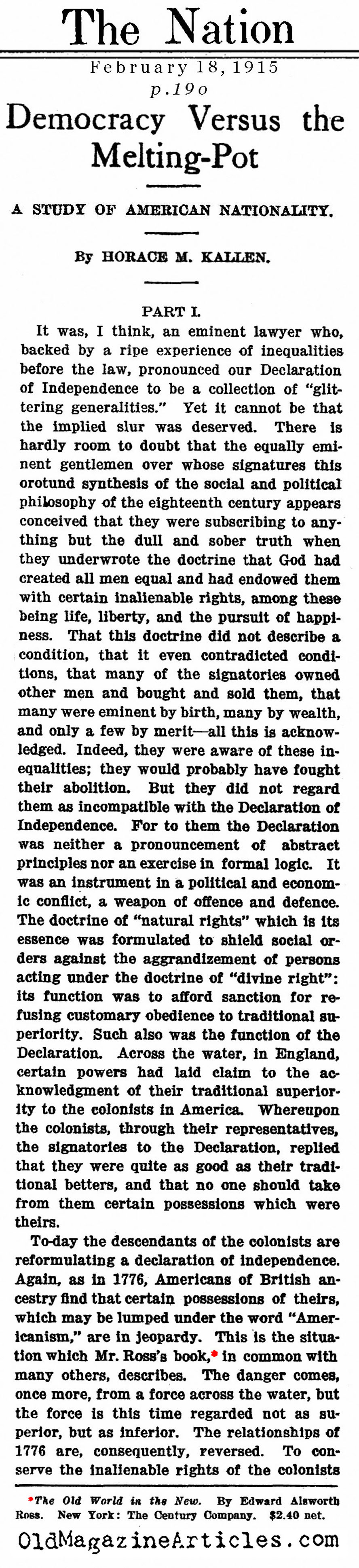Anticipating Multiculturalism  (The Nation, 1915)