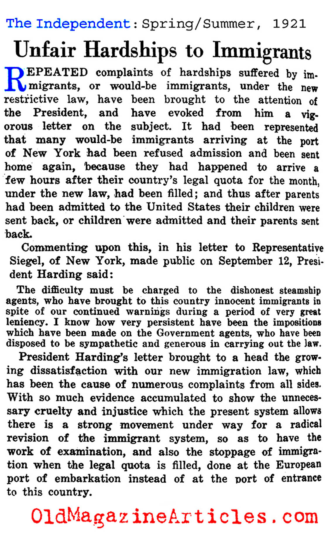 Quotas in 1921 Immigration  (The Independent, 1921)