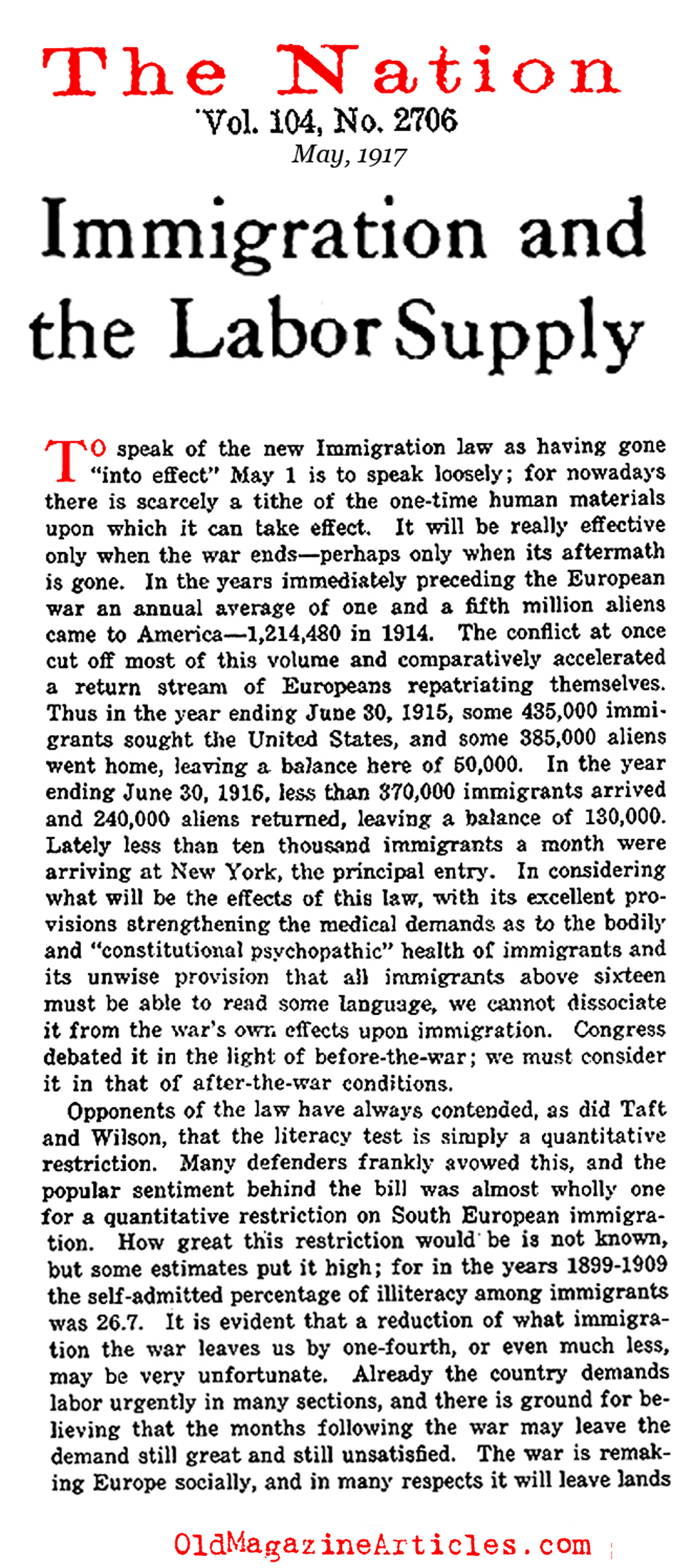 Immigration and Labor (The Nation, 1917)