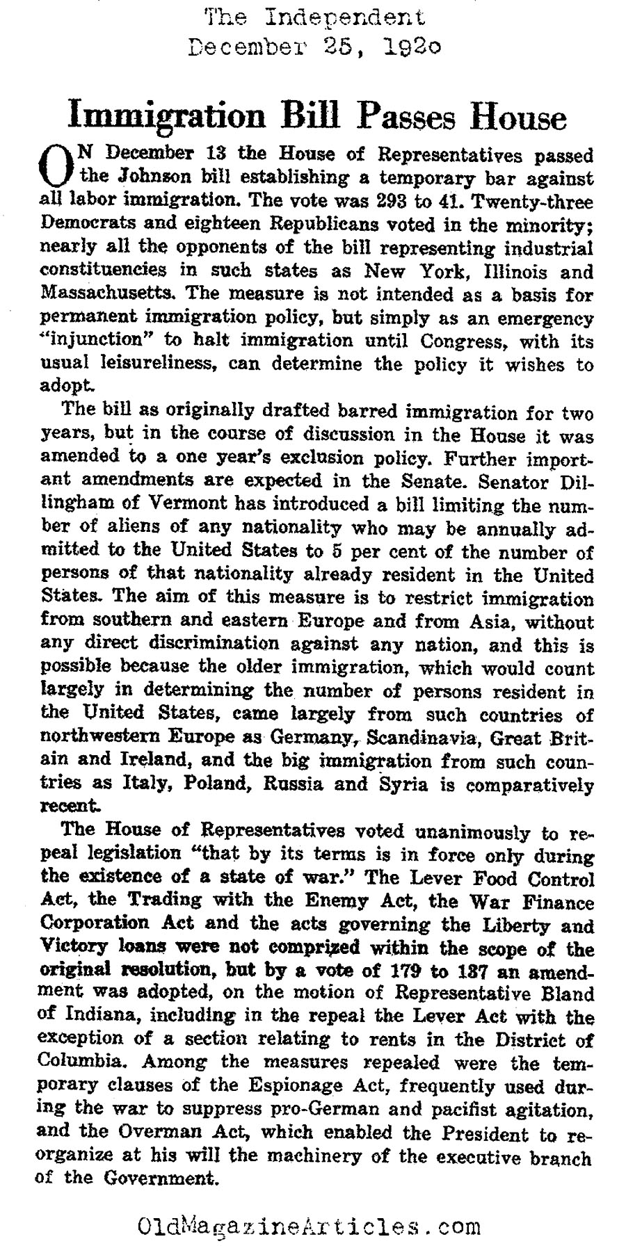 Anti-Immigration Legislation (The Independent, 1920)