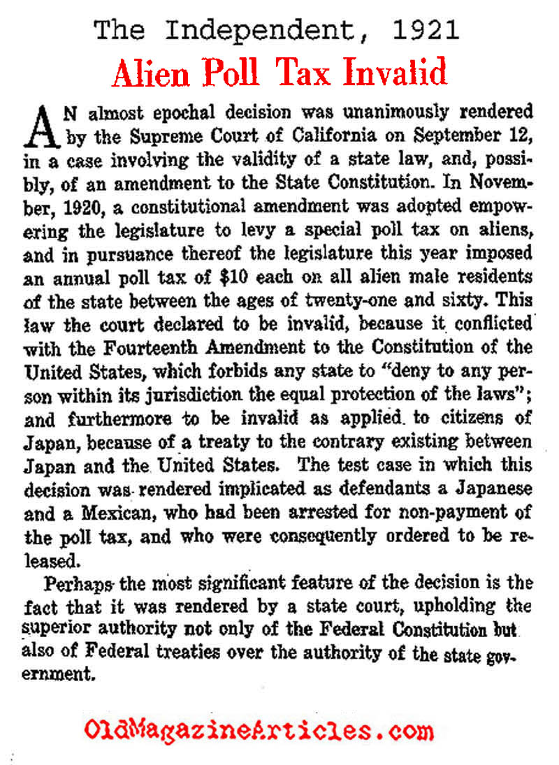 Alien Poll Tax Overruled  (The Independent,1921)