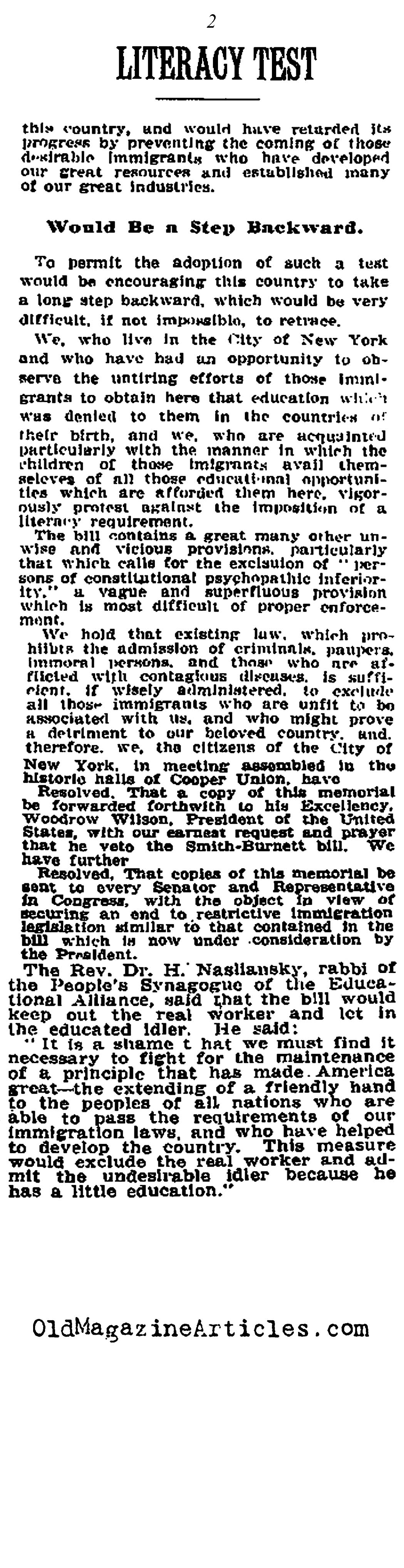 Immigrant Literacy Tests Passed (NY Times, 1915)