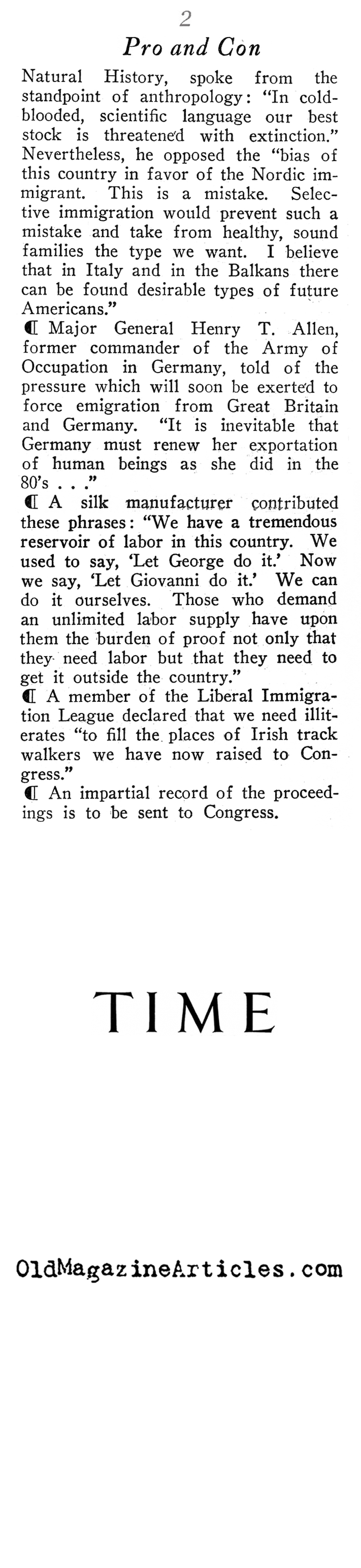 Debating Immigration (Time Magazine, 1923)