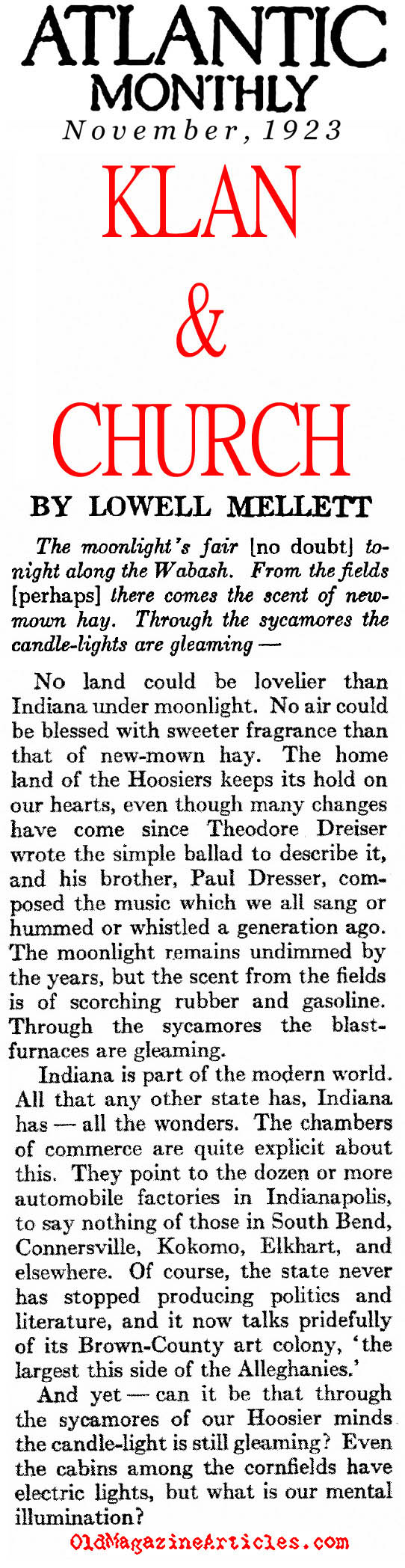 The KKK Popularity in Indiana (Atlantic Monthly, 1923)
