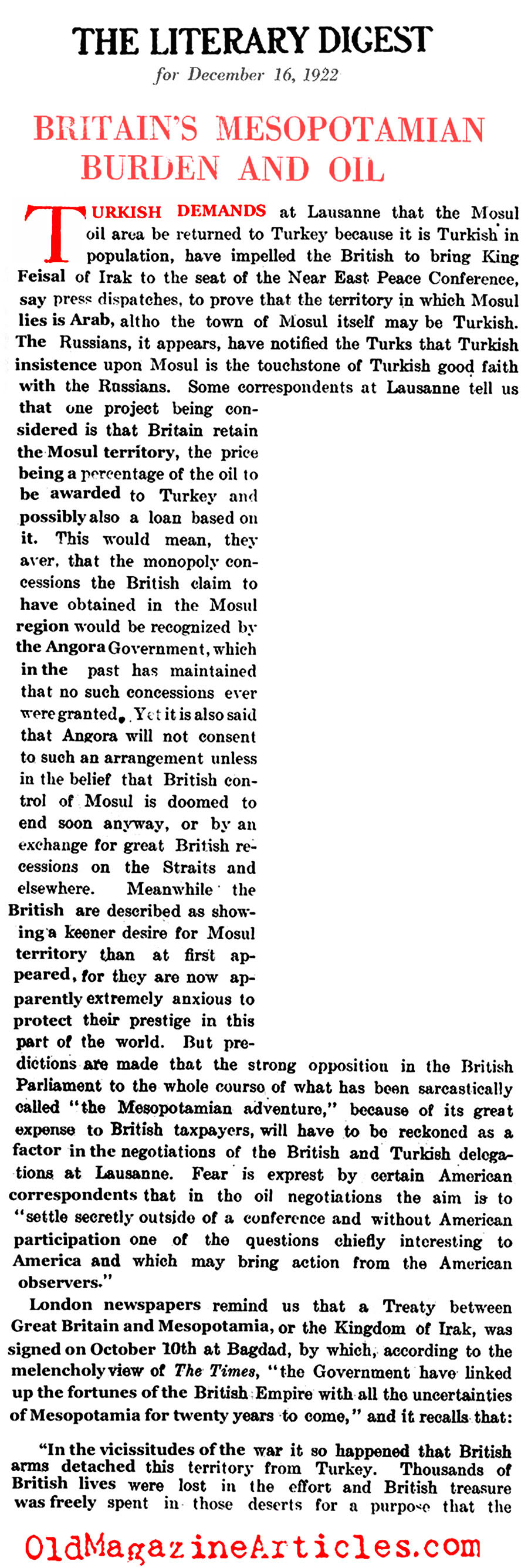 The Costliness of Mesopotamia (Literary Digest, 1922)