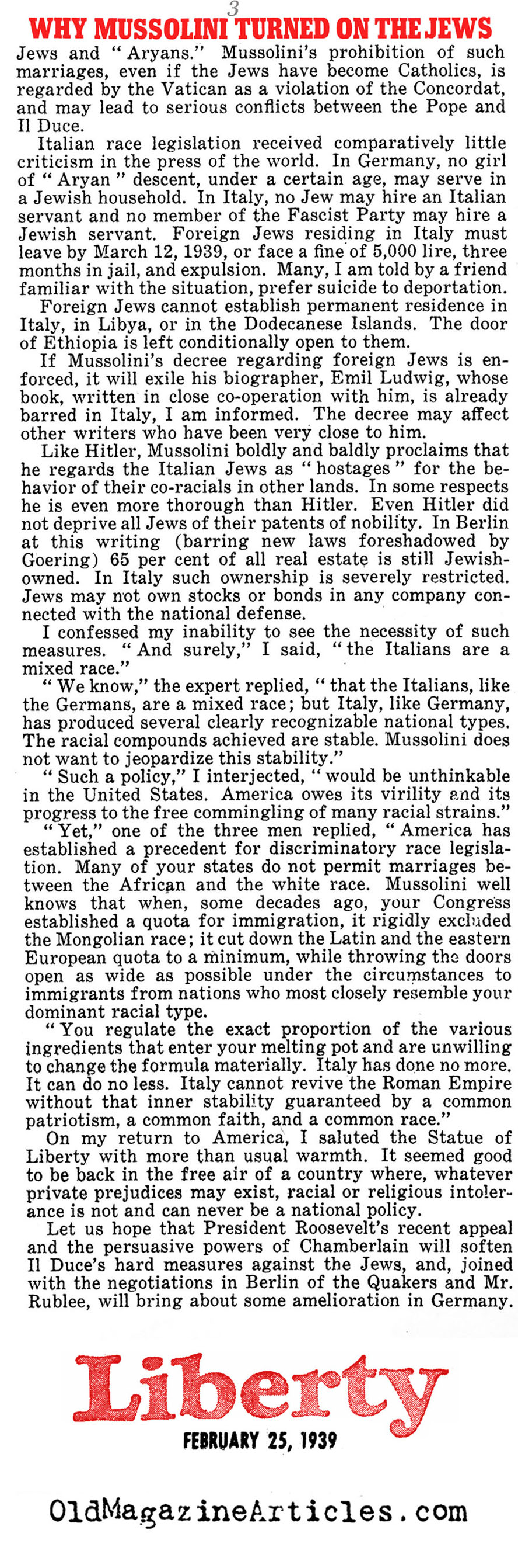 Mussolini Betrayed the Italian Jews (Liberty Magazine, 1939)