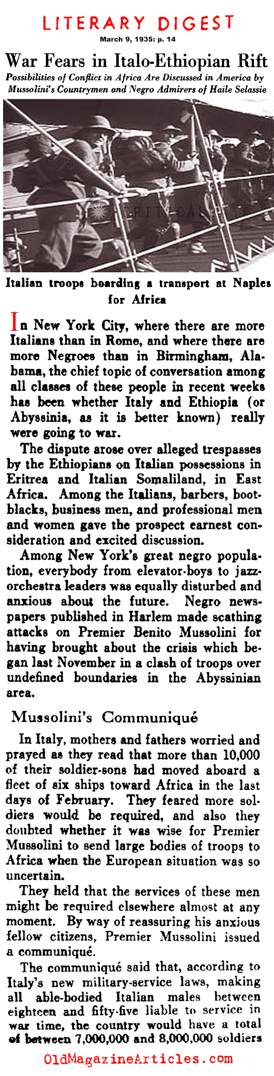 ''War Fears in Italo-Ethiopia Rift'' (Literary Digest, 1935)