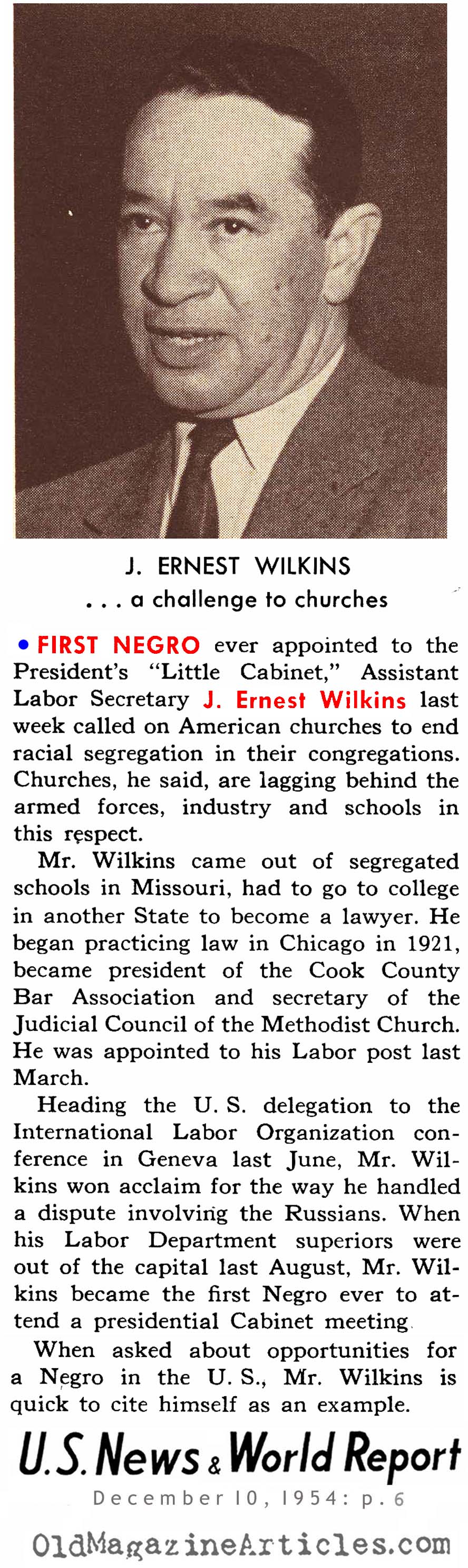 African-American Appointed to Presidential Sub-Cabinet (U.S. News, 1954)