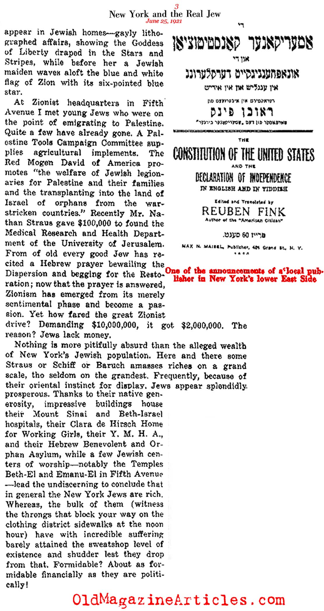 Jewish Population Growth in New York (The Independent, 1921)