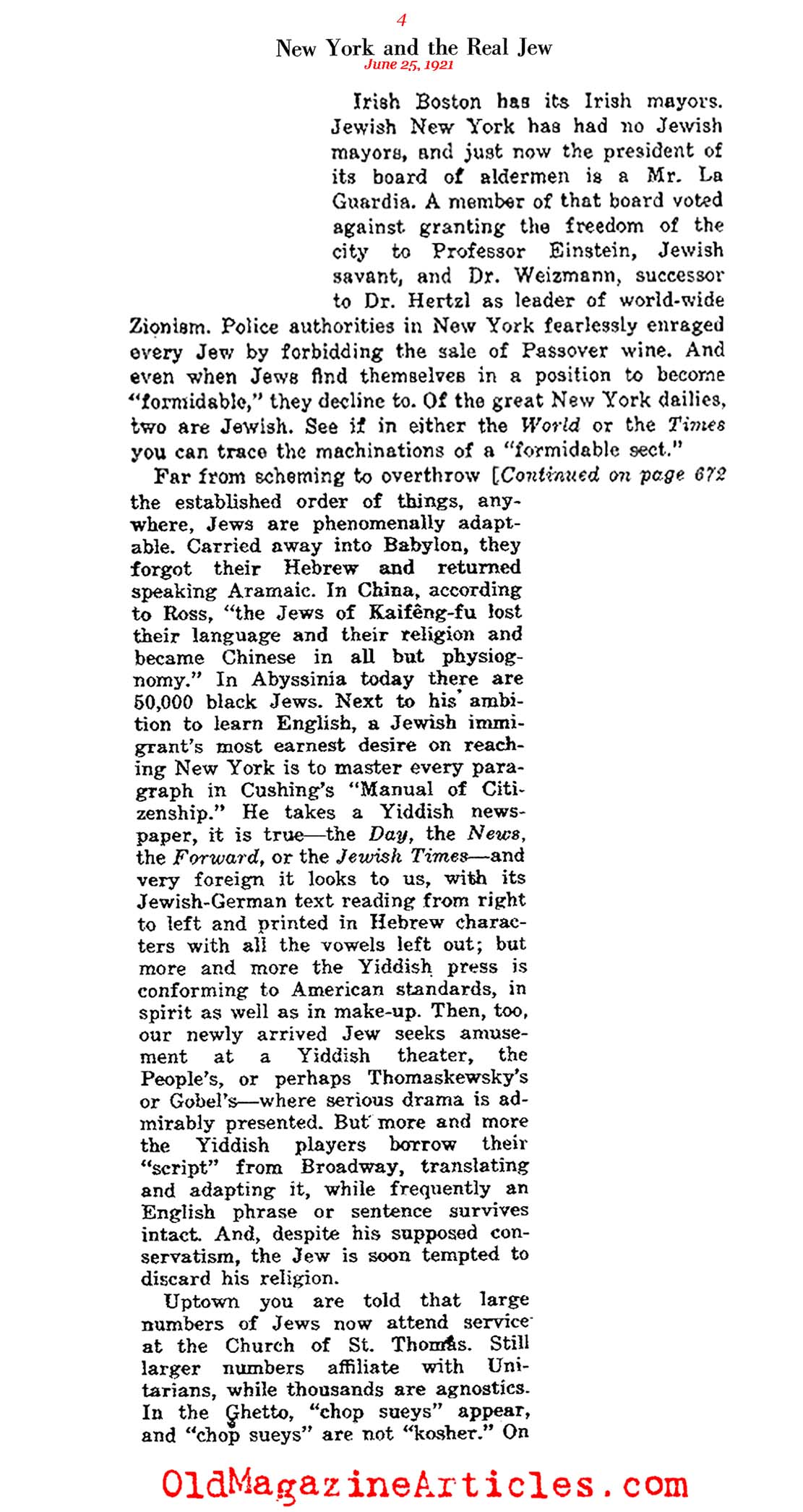 Jewish Population Growth in New York (The Independent, 1921)