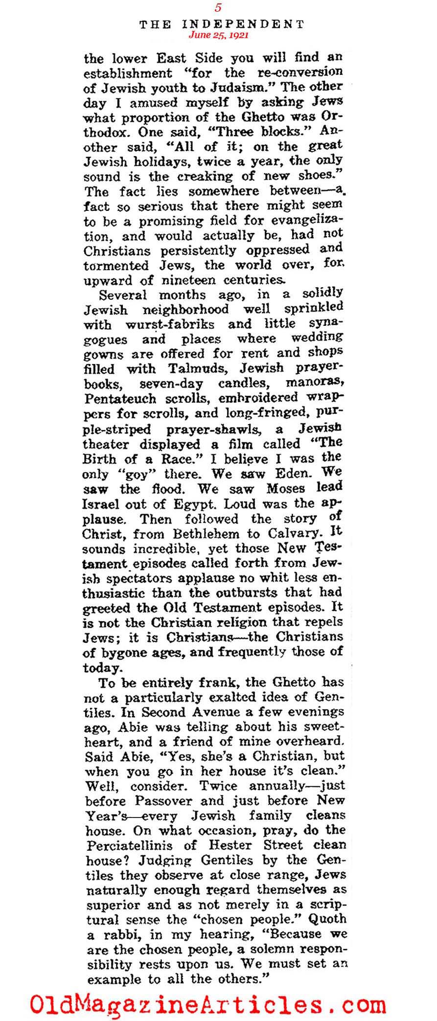 Jewish Population Growth in New York (The Independent, 1921)