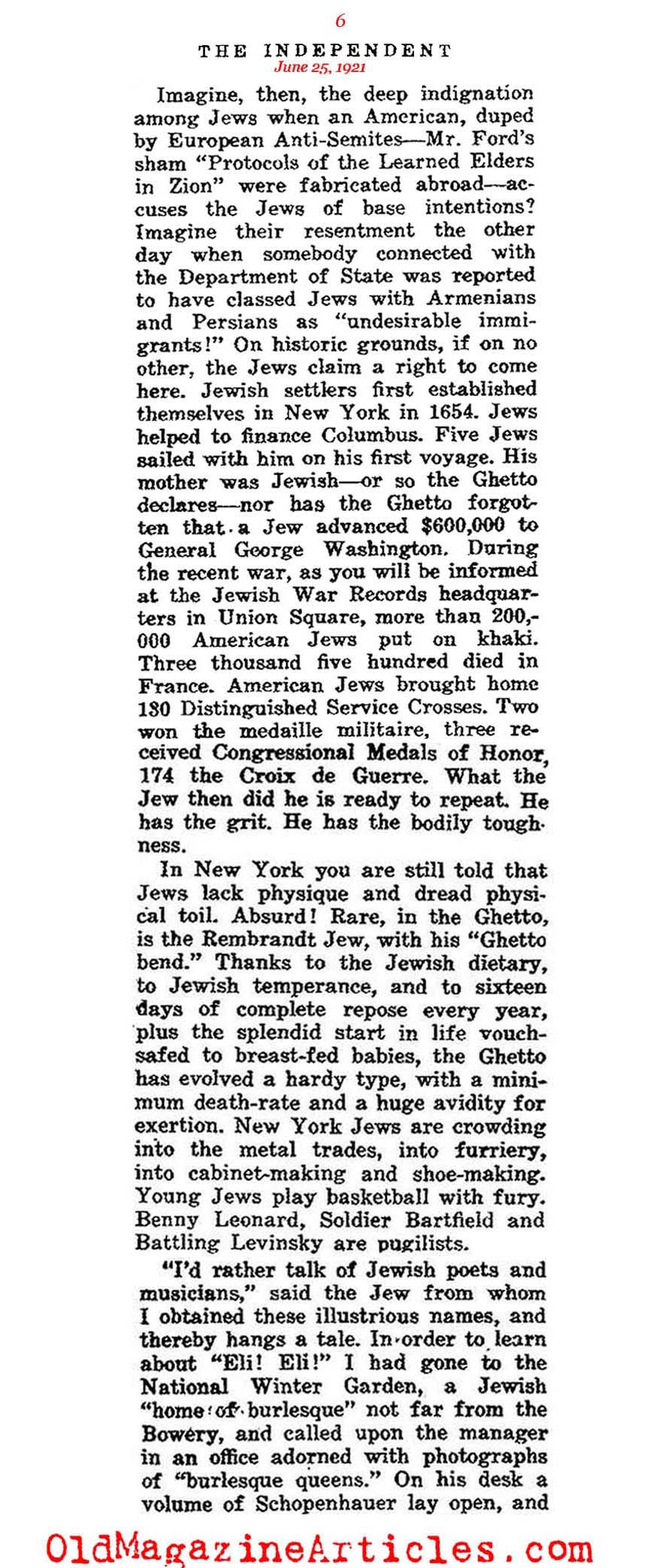 Jewish Population Growth in New York (The Independent, 1921)
