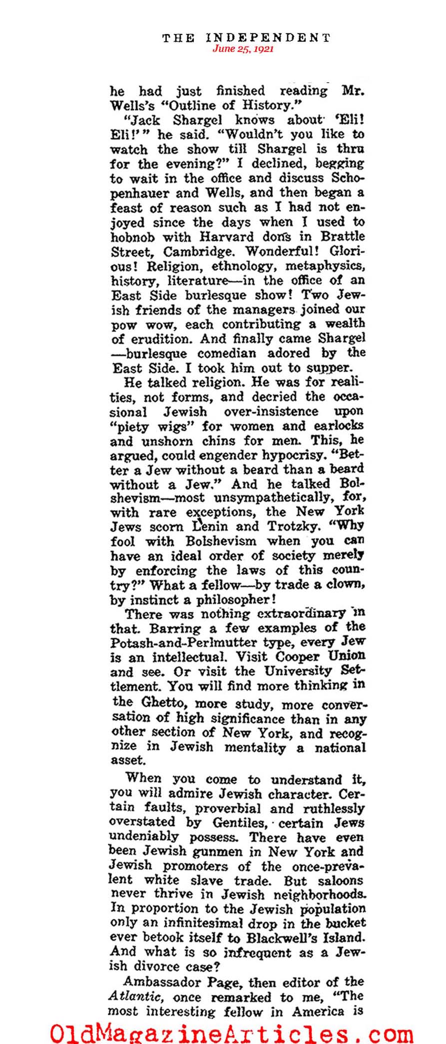 Jewish Population Growth in New York (The Independent, 1921)