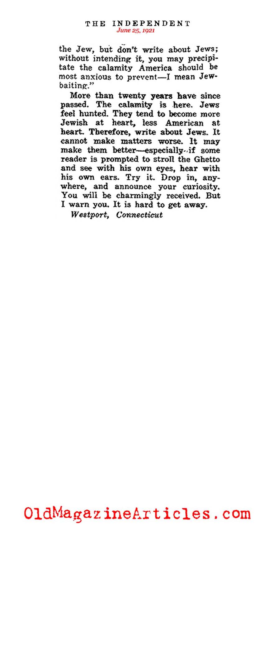 Jewish Population Growth in New York (The Independent, 1921)