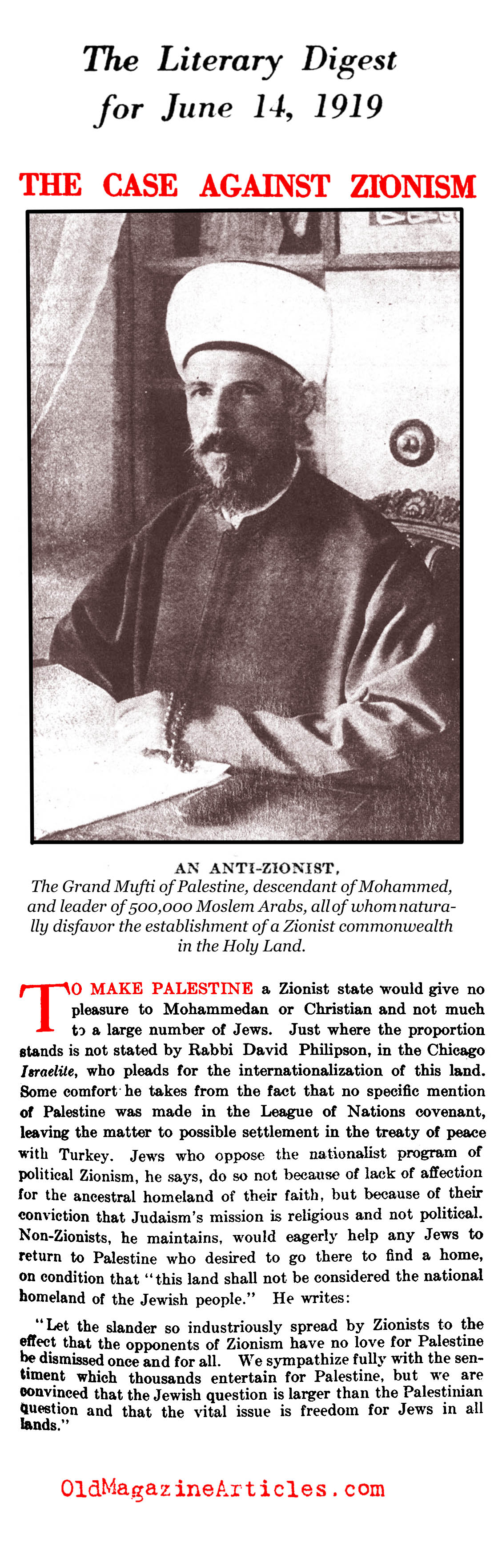 A Case Against the Zionists (Literary Digest, 1919)