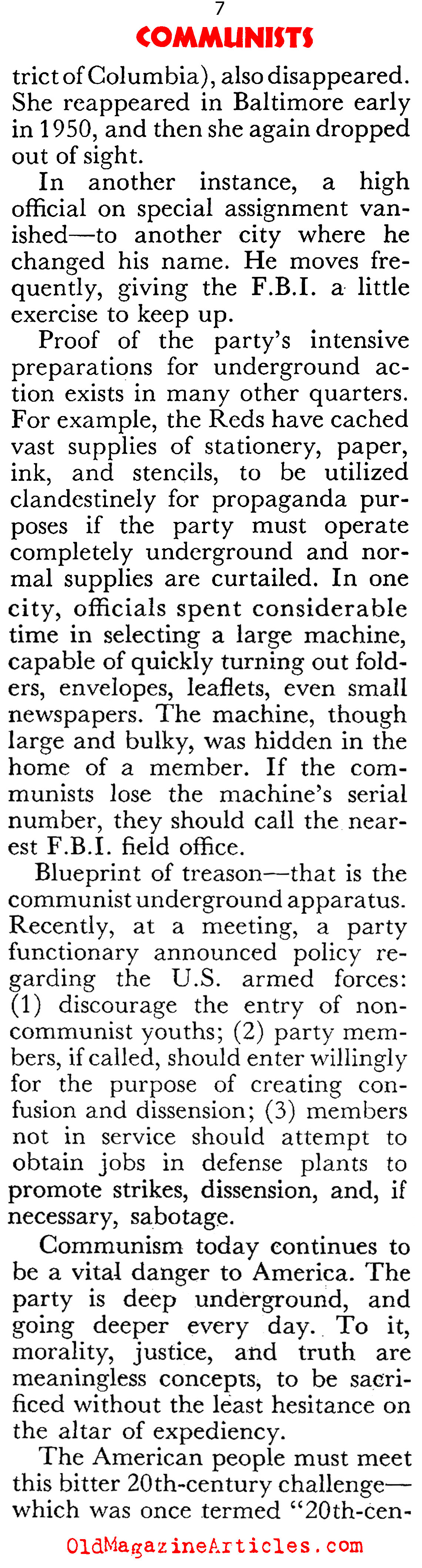 J. Edgar Hoover on the CPUSA (Coronet Magazine, 1950)