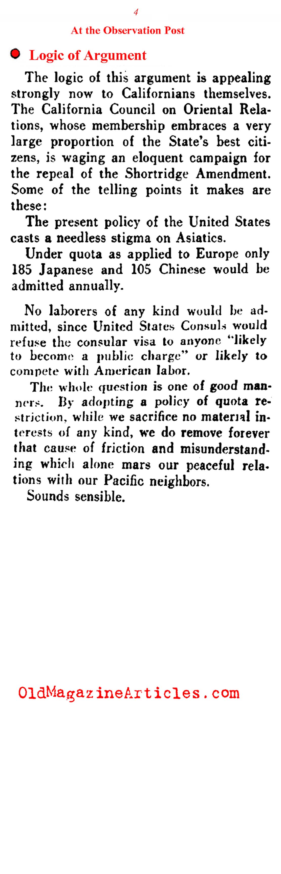 A Call to Repeal the Japanese Exclusion Act (Literary Digest, 1935)