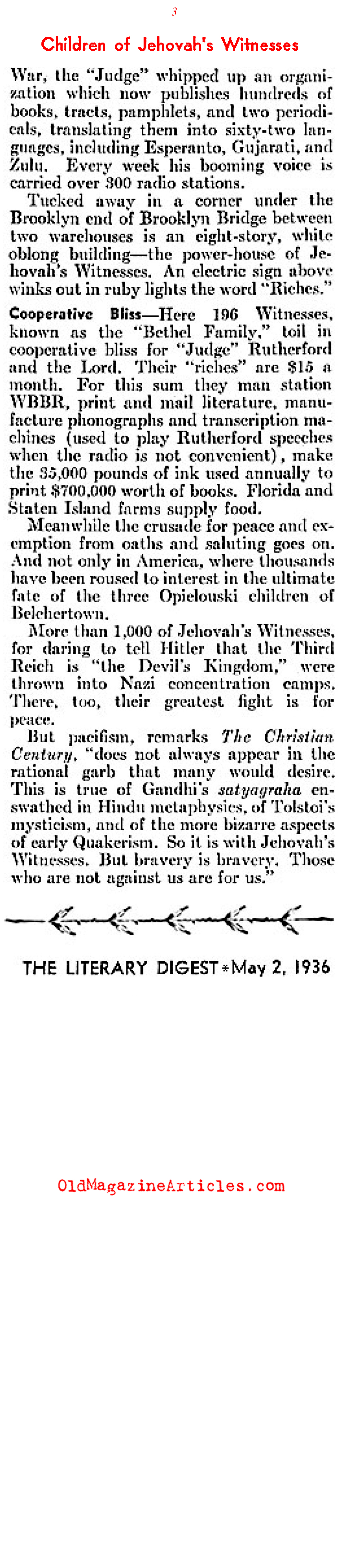 The Persecution of Jehovah’s Witnesses (Literary Digest, 1936)