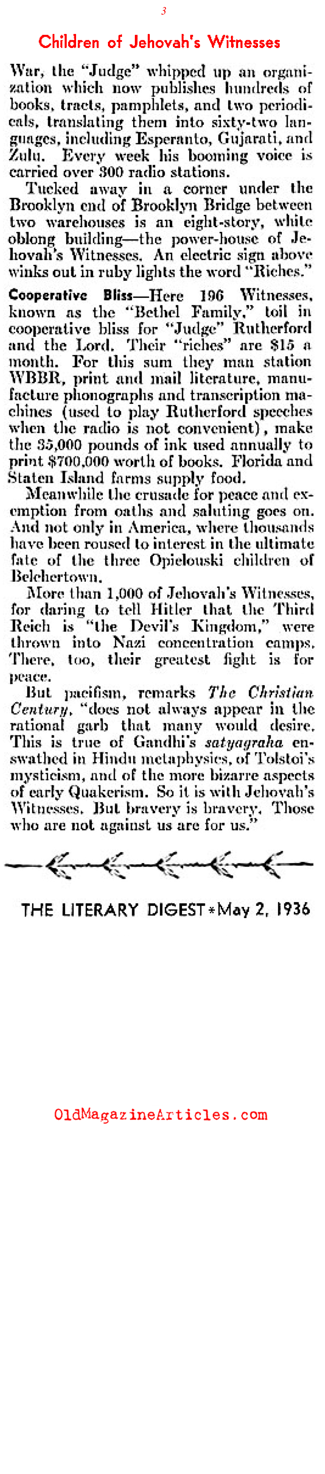 The Persecution of Jehovahs Witnesses (Literary Digest, 1936)