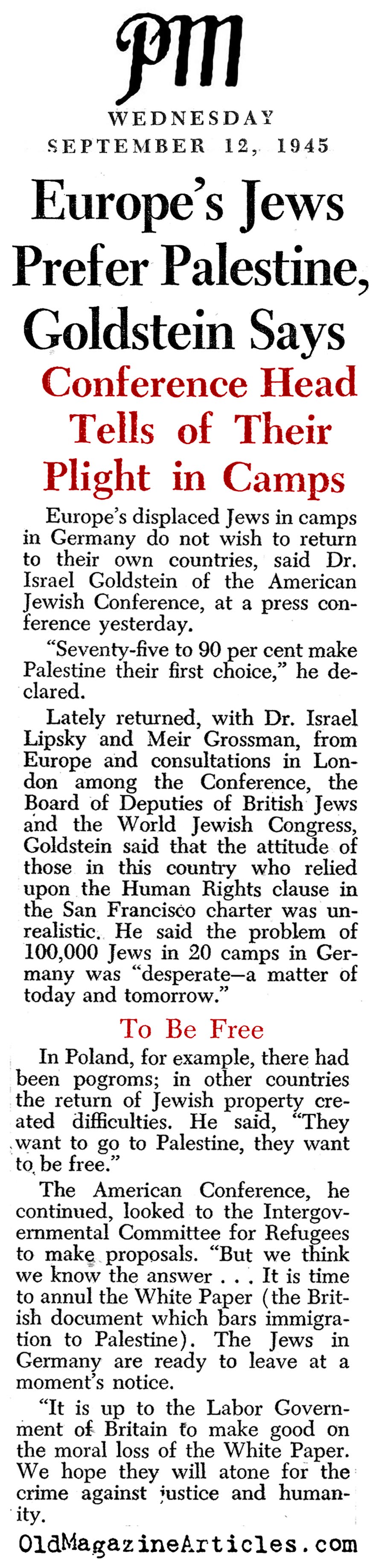 Post-War European Jews Headed to British Palestine (<i>PM</i> Tabloid, 1945)