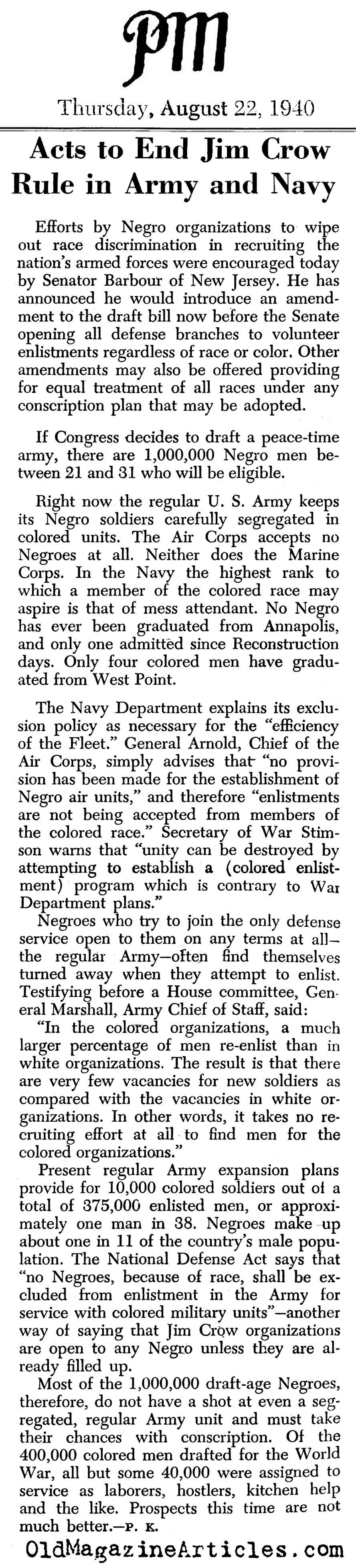 Jim Crow and the Draft (PM Tabloid, 1940)