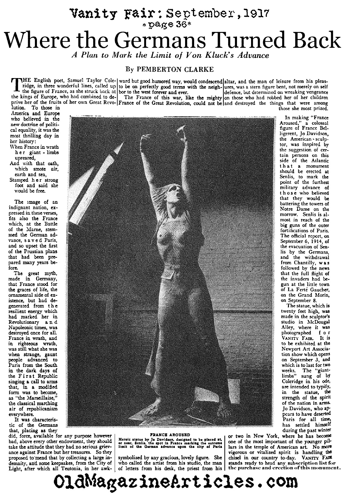 FRANCE AROUSED: Created by Jo Davidson (Vanity Fair Magazine, 1917)