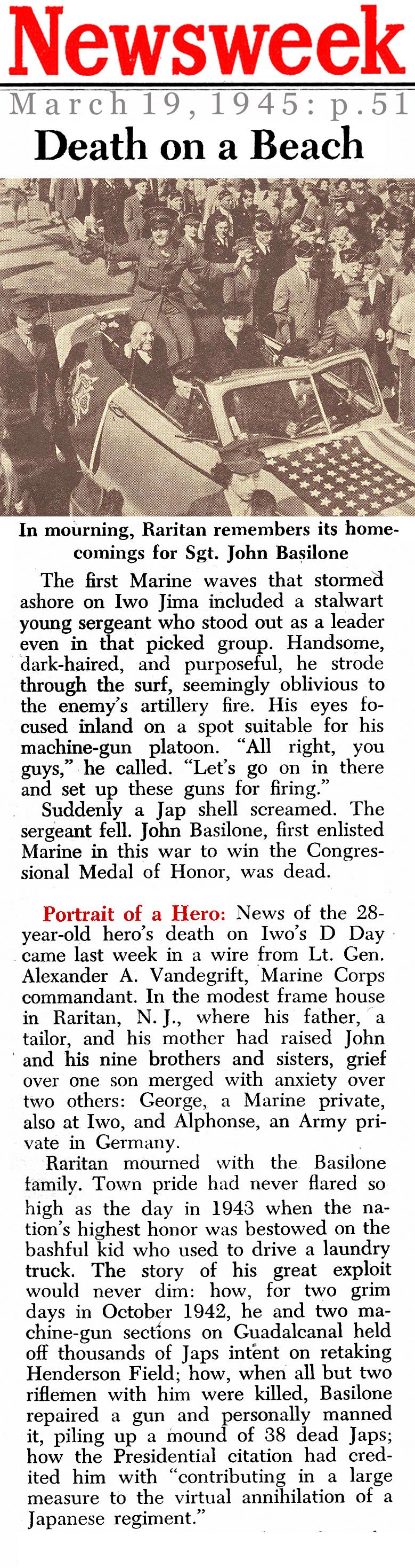 End of the Road for Sgt. John Basilone (Newsweek Magazine, 1945)
