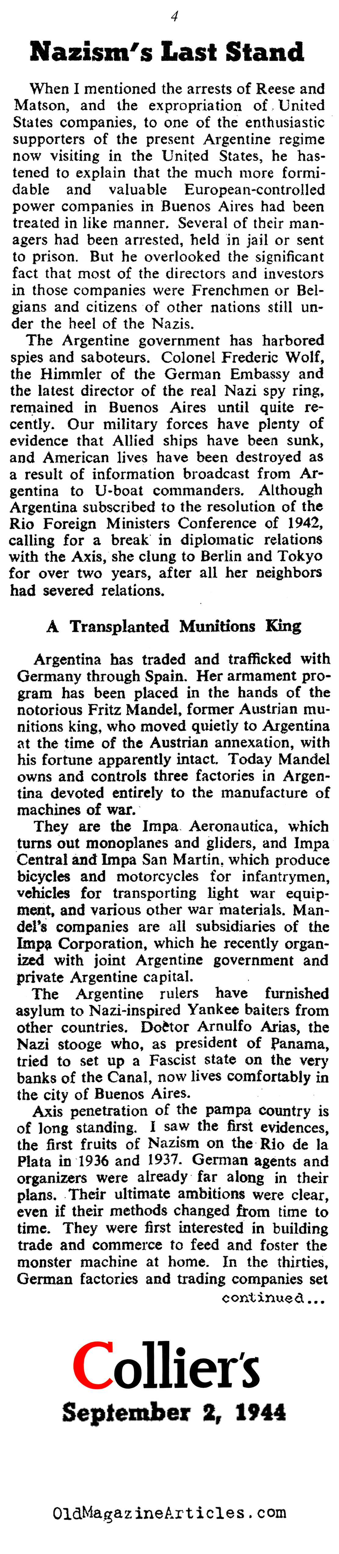 Argentina: Silent Nazi Ally (Collier's Magazine, 1944)