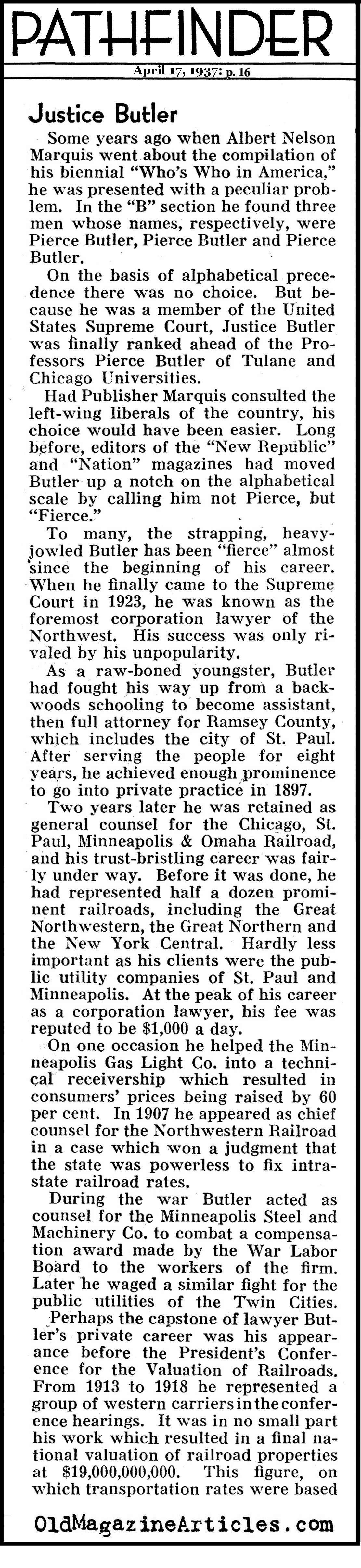 Justice Pierce Butler (Pathfinder Magazine, 1937)