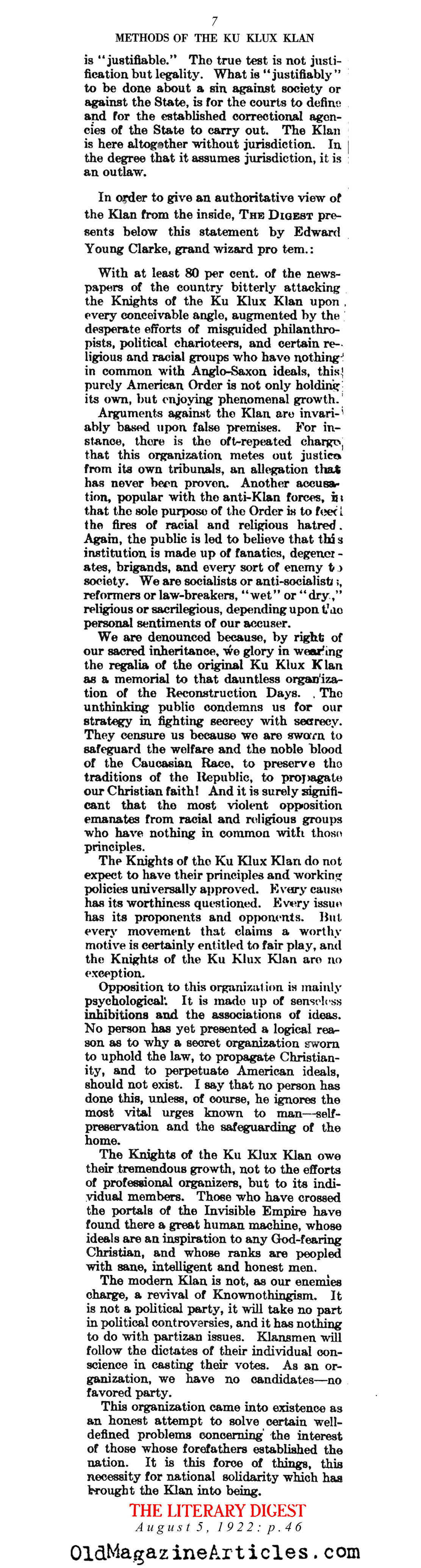 Klan Methods and Customs (Literary Digest, 1922)