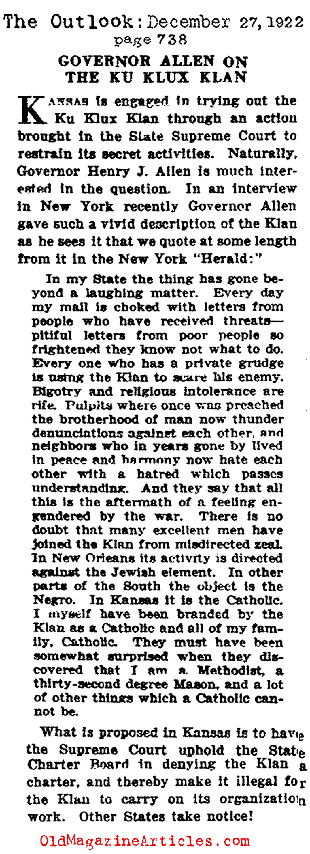 Kansan Governor Henry J. Allen Takes On the KKK (The Outlook, 1922)