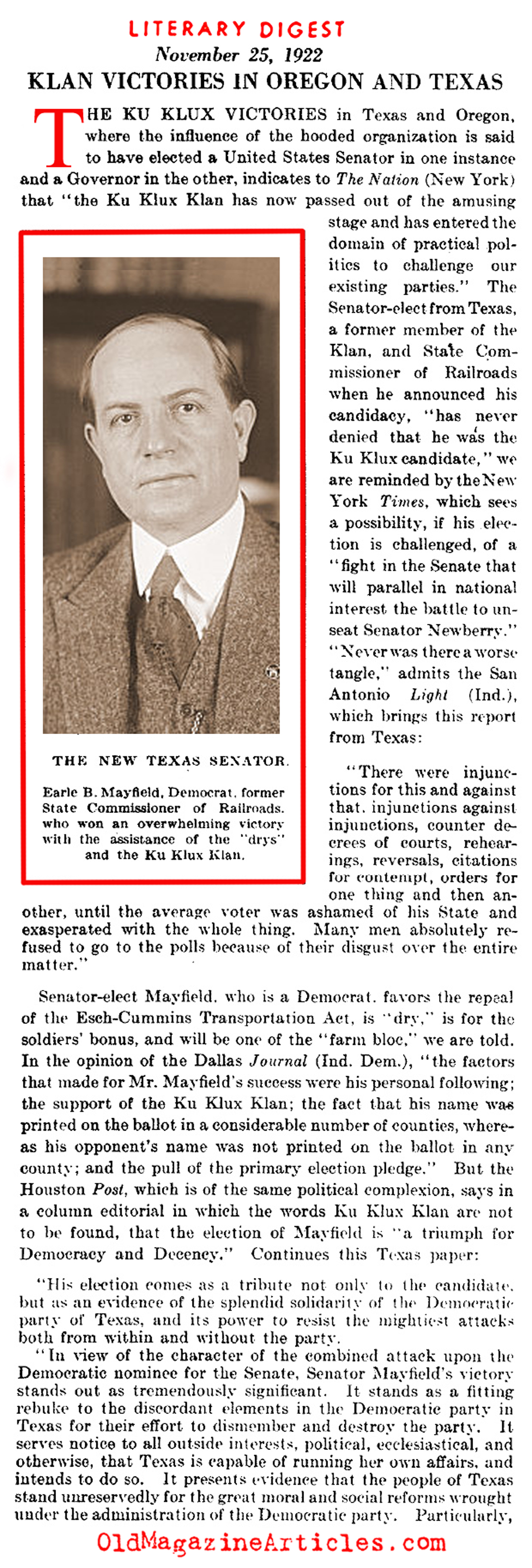 Klan Victories in Oregon and Texas (The Literary Digest, 1922)