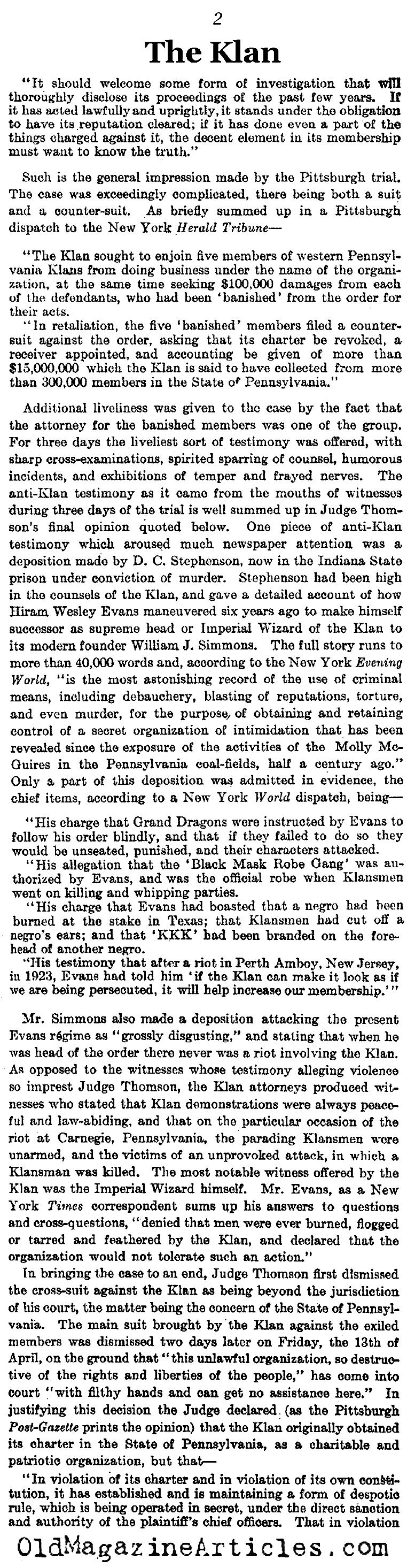 The KKK in Federal Court  (The Literary Digest, 1928)