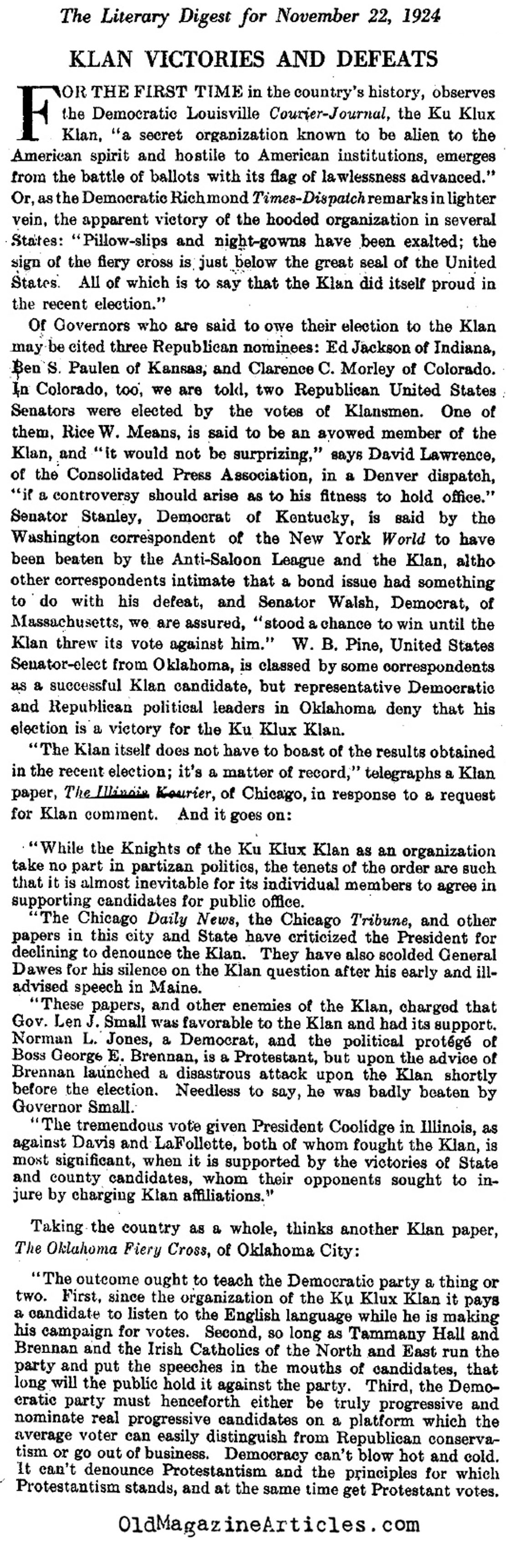 The  KKK Factor and the 1924 Elections (Literary Digest, 1924)