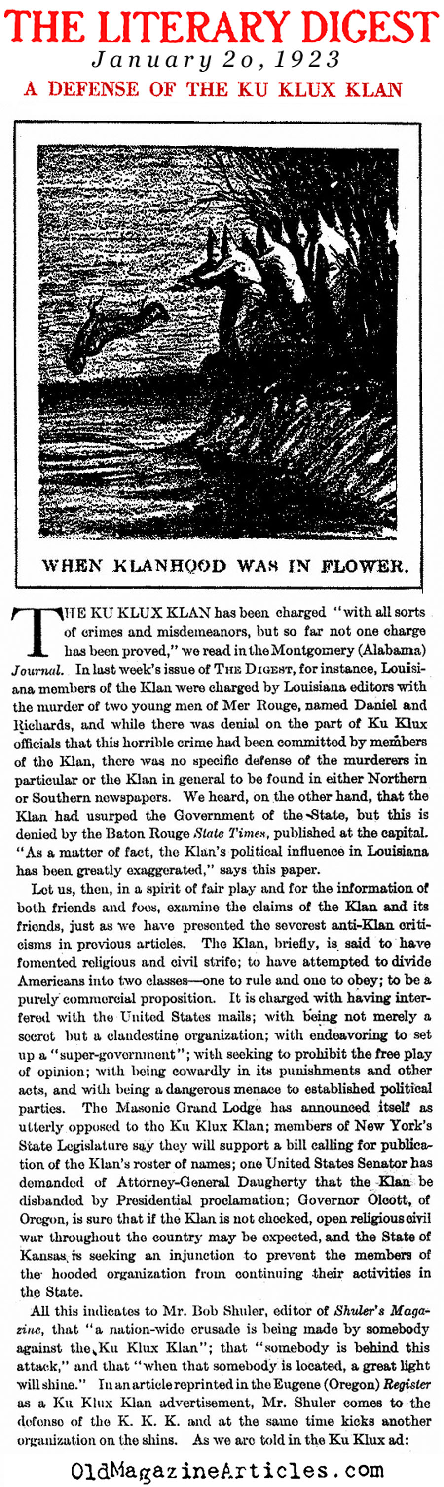 Lofty Words Printed on Behalf of the Klan (The Literary Digest, 1923)
