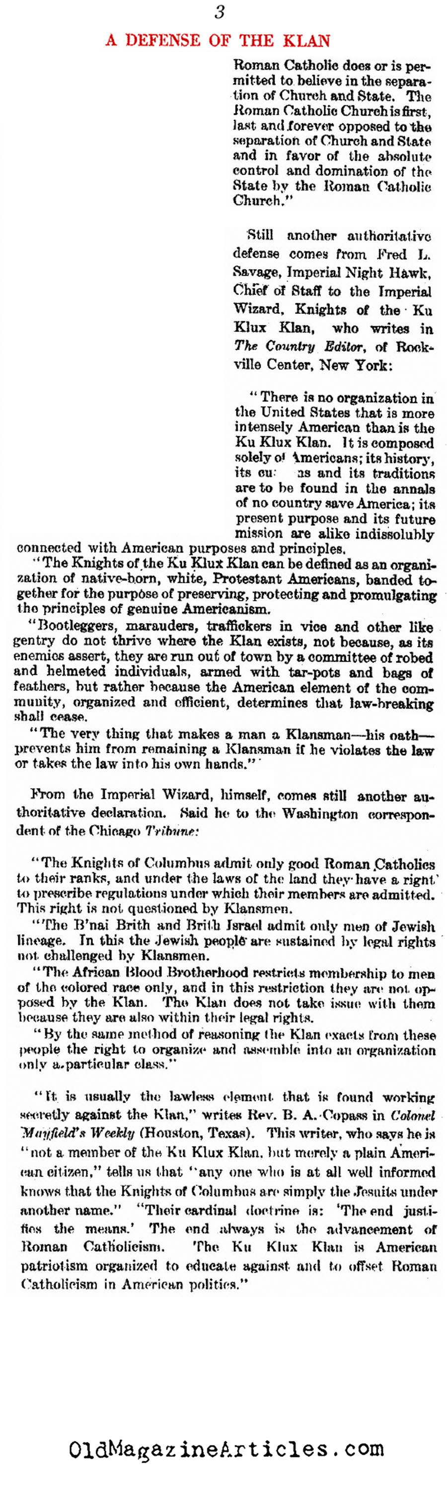 Lofty Words Printed on Behalf of the Klan (The Literary Digest, 1923)
