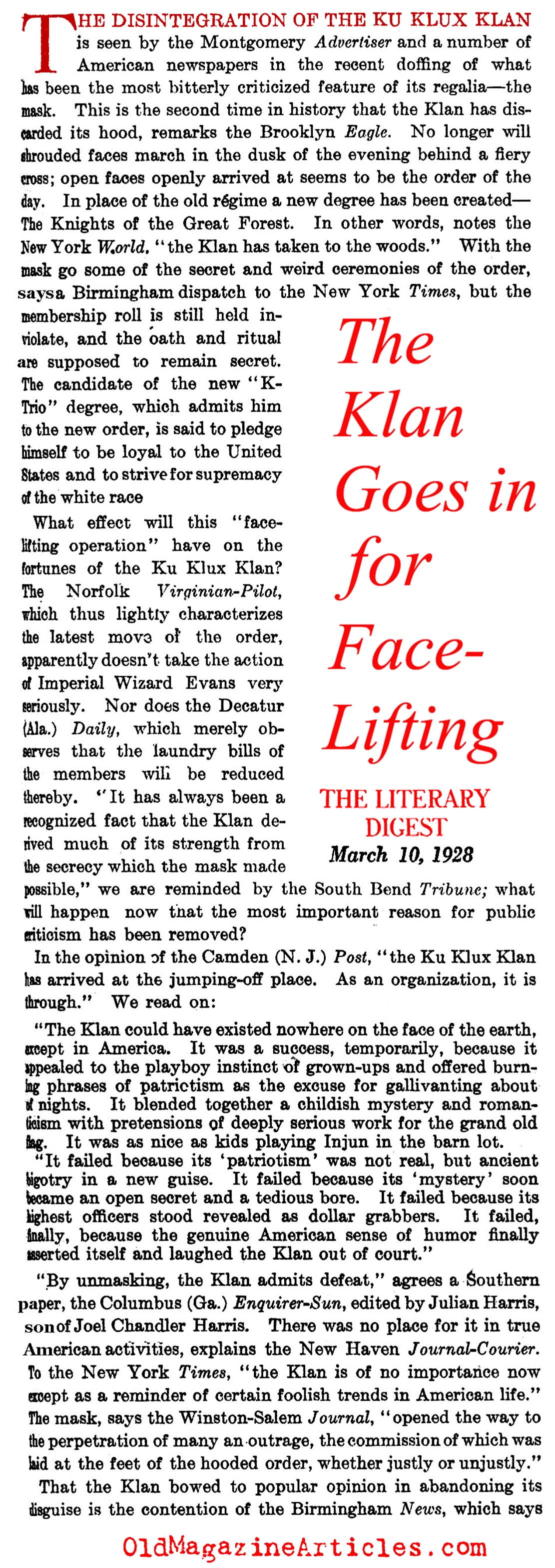 The KKK Fall from Fashion  (The Literary Digest, 1928)