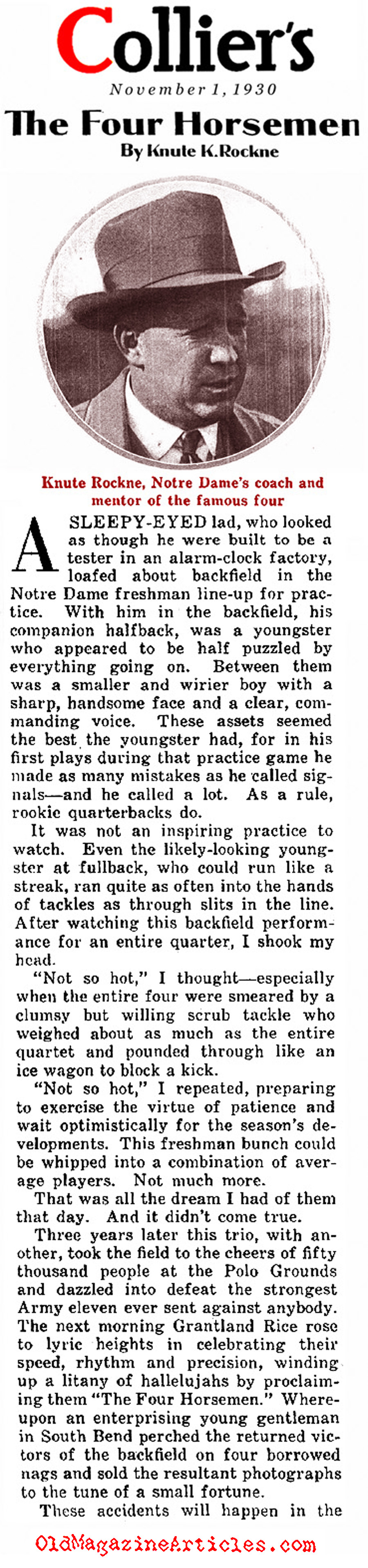 The Four Horsemen and Knute Rockne in His Own Words (Collier's Magazine, 1930)