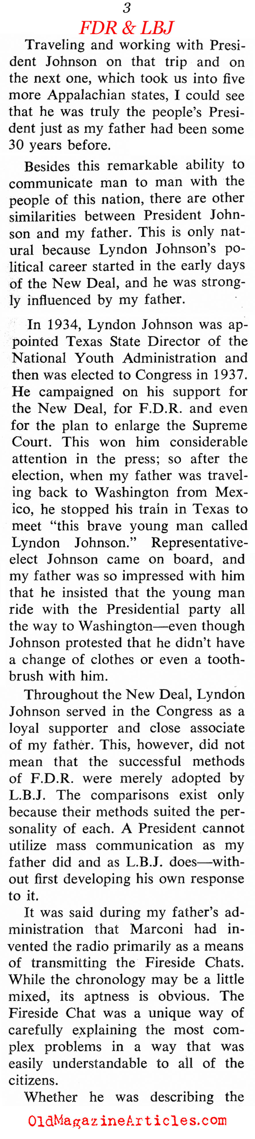 ''Why I Compare LBJ with my Father, FDR'' (Coronet Magazine, 1964)