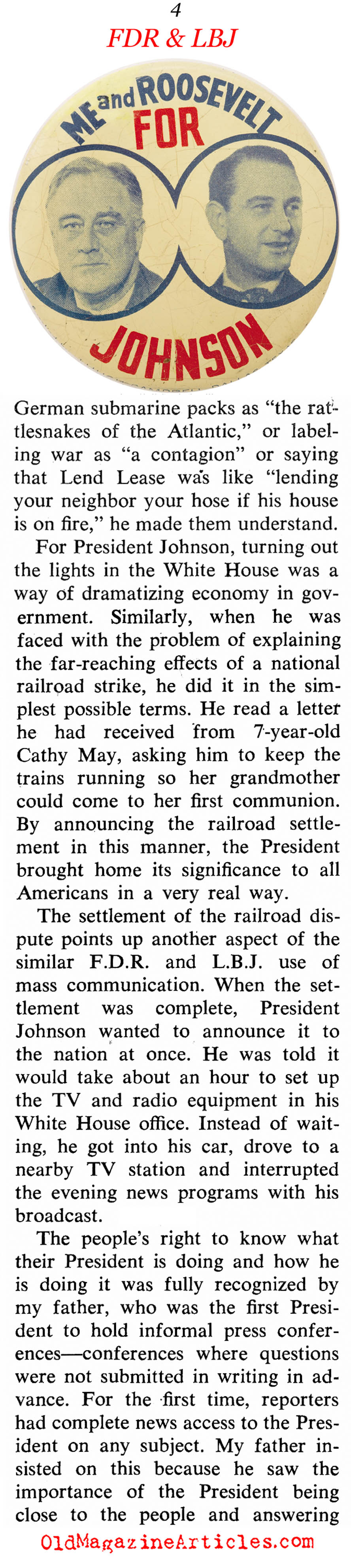 ''Why I Compare LBJ with my Father, FDR'' (Coronet Magazine, 1964)