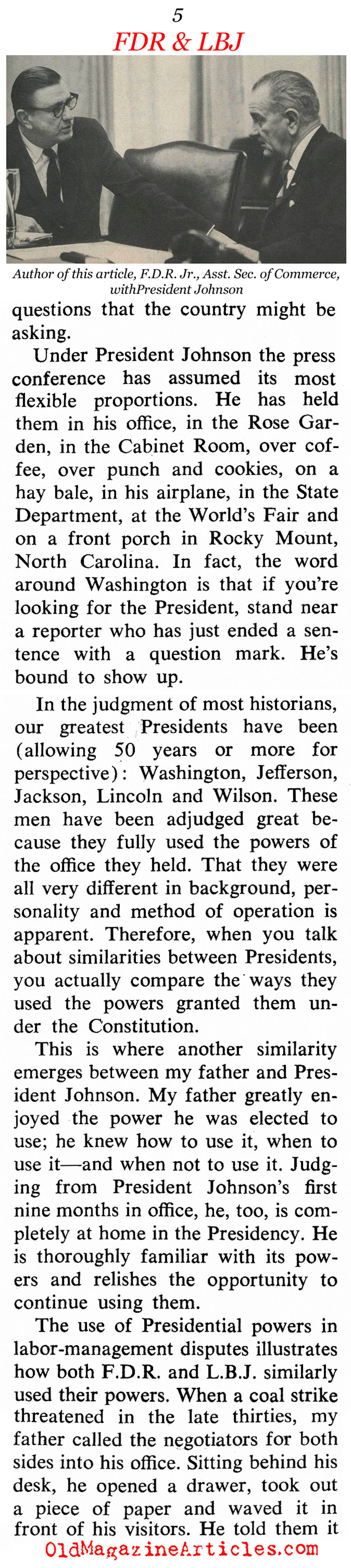 ''Why I Compare LBJ with my Father, FDR'' (Coronet Magazine, 1964)