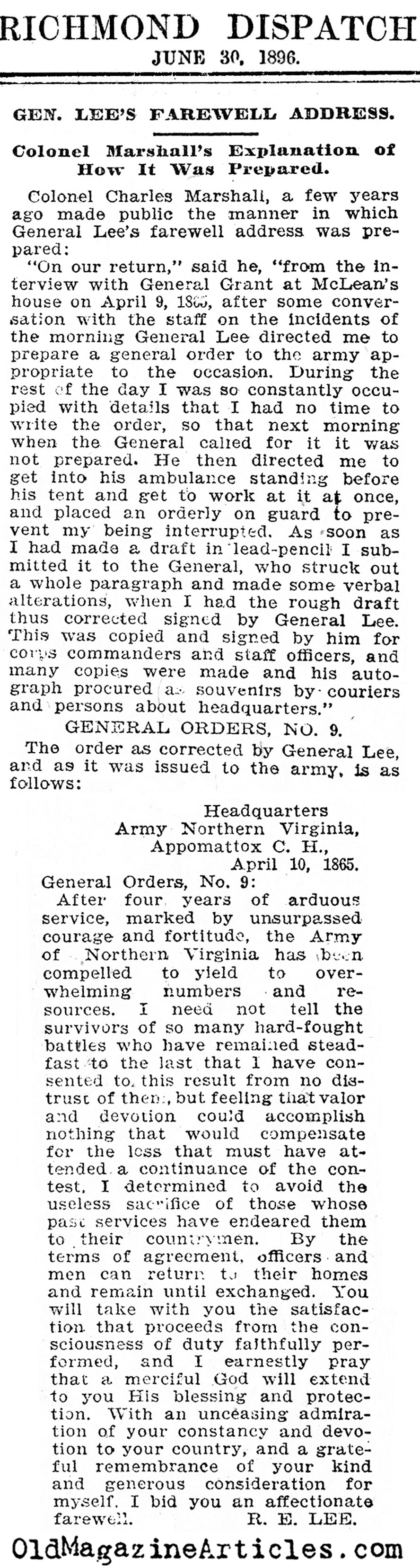 General Lee's Farewell Address (Richmond Dispatch, 1896)