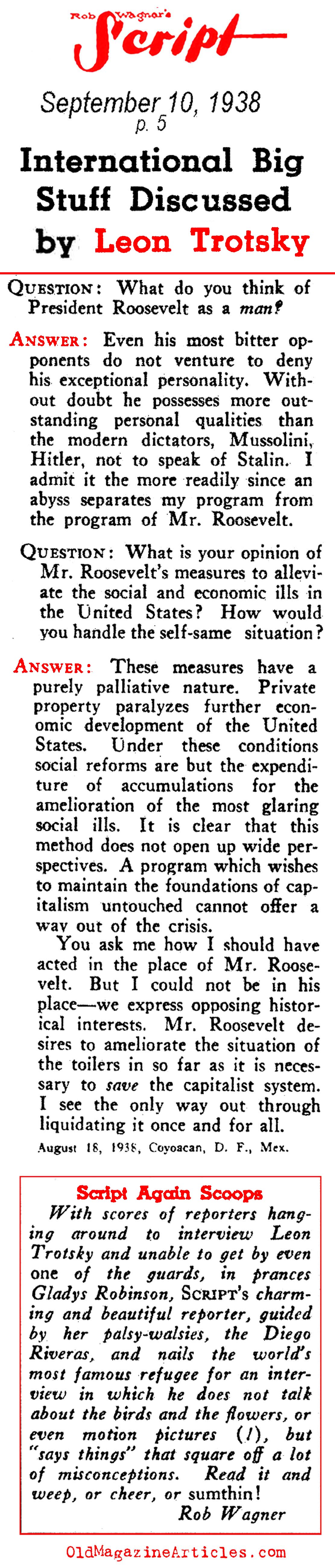 Leon Trotsky Speaks About FDR and the Great Depression (Rob Wagner's Script Magazine, 1938)