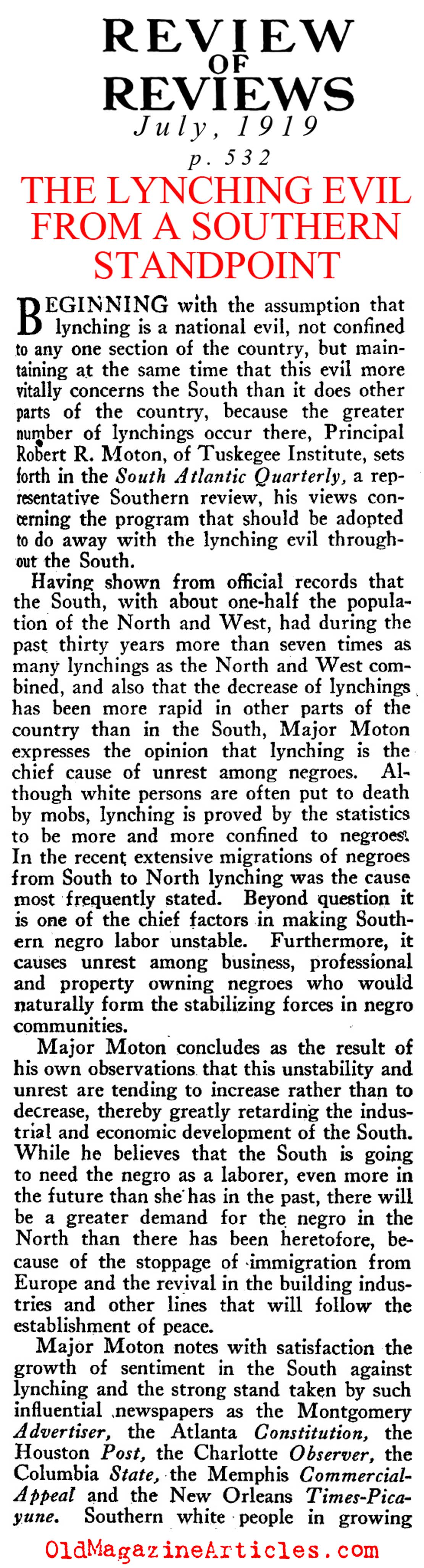 The Lynching Evil as Understood by Robert Moton (Review of Reviews, 1919)