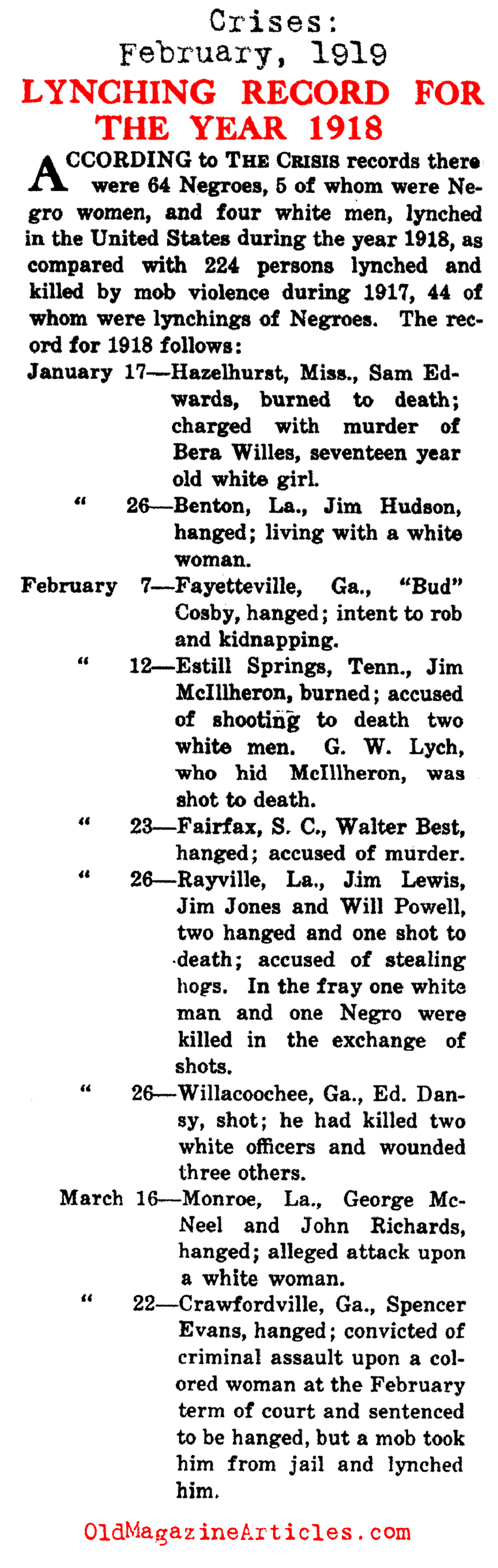 Lynching Record For The Year 1918 (The Crises, 1919)